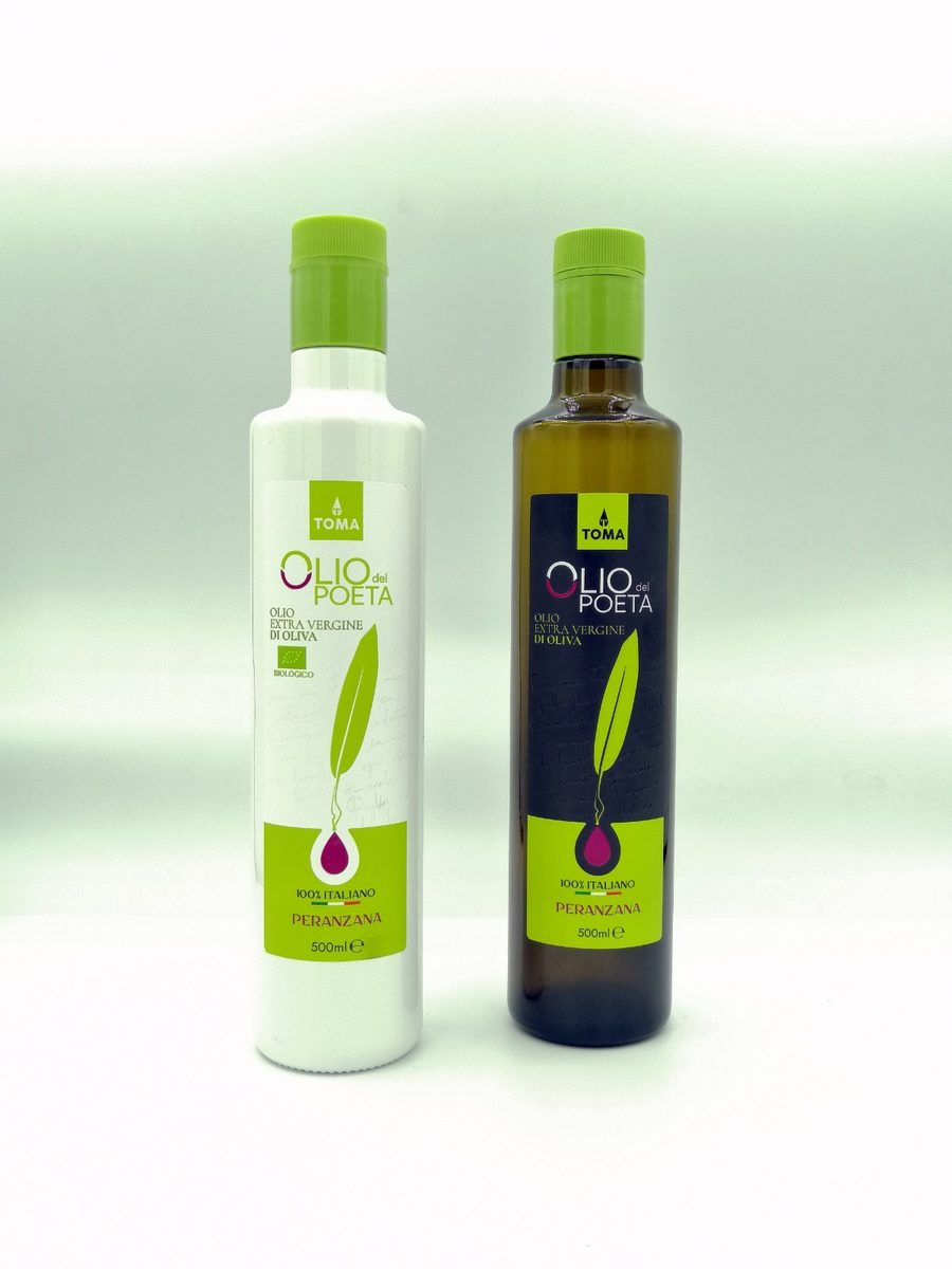Le bottiglie Olio del Poeta &mdash; biologico e classico, monocultivar Peranzana